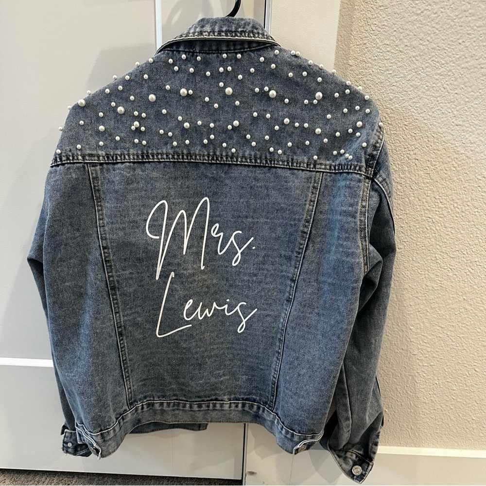 Mrs Lewis Jean Jacket with Pearls Size Large Bachelorette Wedding